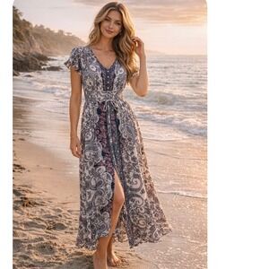 Lucky Brand Womens XL Paisley Floral Maxi Dress Boho V-Neck Smocked Waist Slit